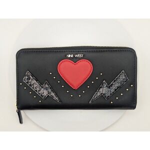 Nine West Black Red Heart Lightning Bolt Studded Zip Around Wallet